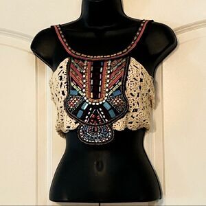 BOHO Cottagecore Ivory Crochet Beaded Embroidered Ribbon crop Scoop Neck tank XS